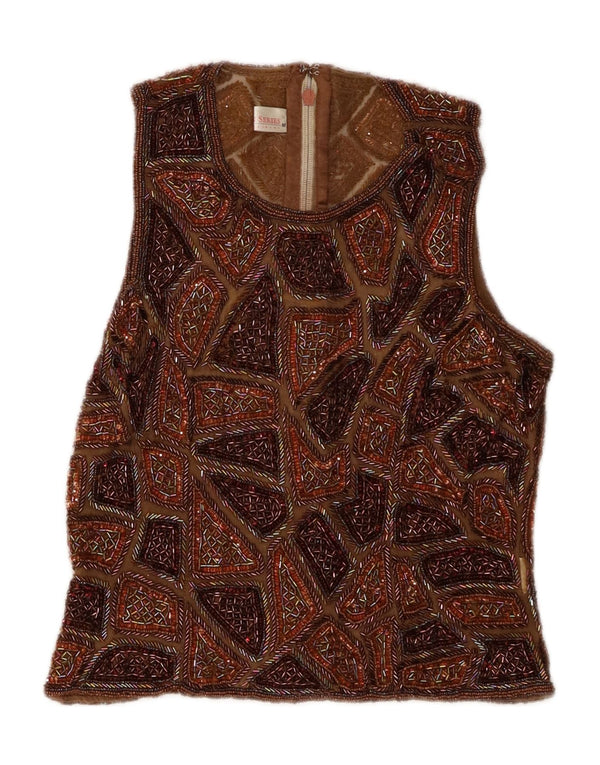 Vintage Womens Crop Ærmeløs bluse Top UK 12 Medium Brown Patchwork Silke