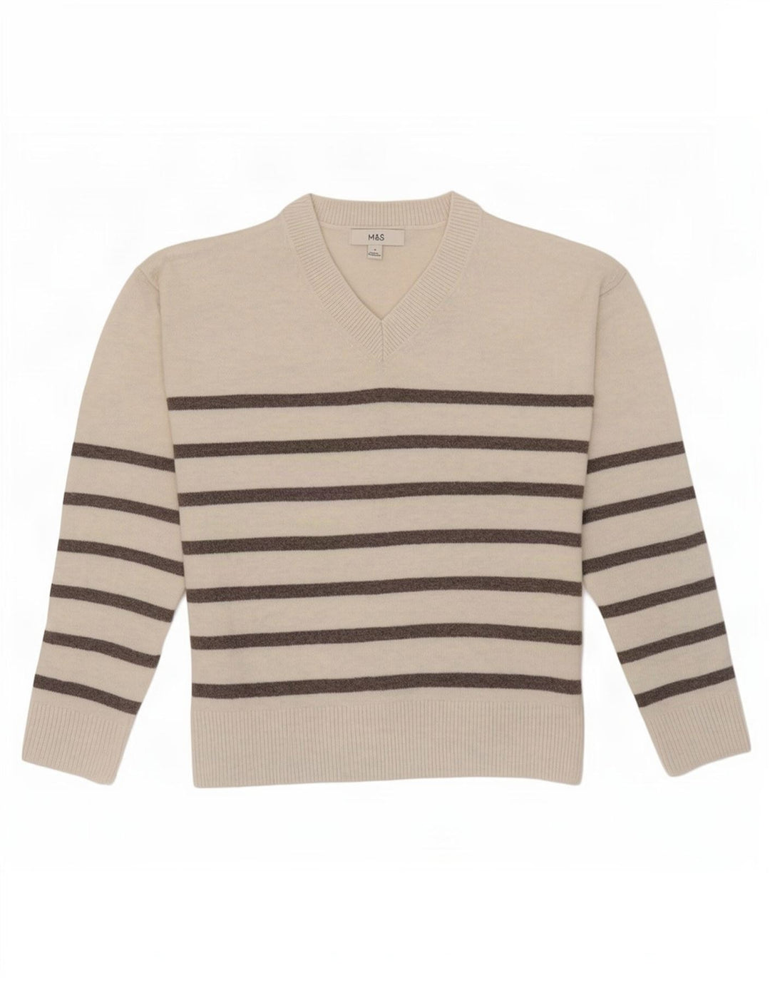 Marks & Spencer Dame V-hals sweater UK 10 Small Off White Stribet