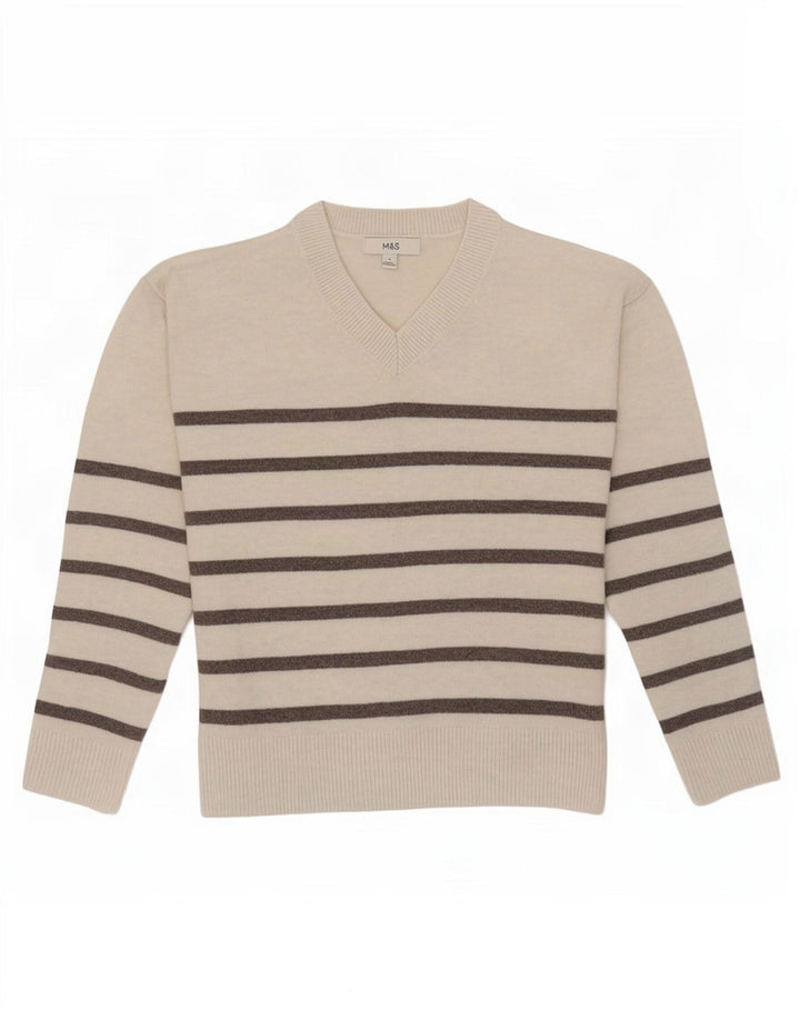Marks & Spencer Dame V-hals sweater UK 10 Small Off White Stribet