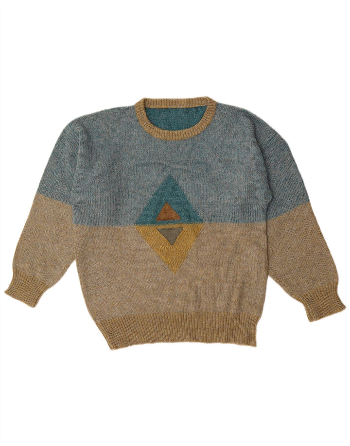 Vintage herre grafisk rund hals sweater mellemblå farveblok