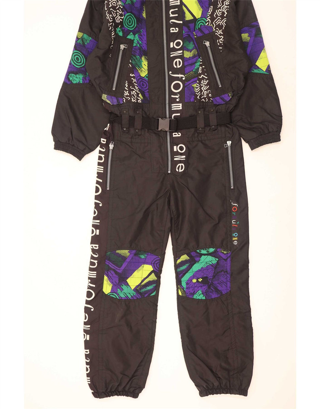 Vintage Herre Grafisk Ski Jumpsuit EU 52 Stor Sort Geometrisk Polyamid