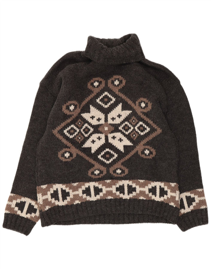 Kaos Dame Roll Neck Jumper Sweater UK 14 Stor Grå Geometrisk Uld