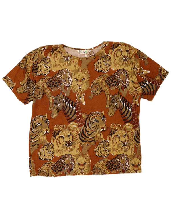 Vintage Dame T-Shirt Top UK 16 Large Brown Animal Print Viscose