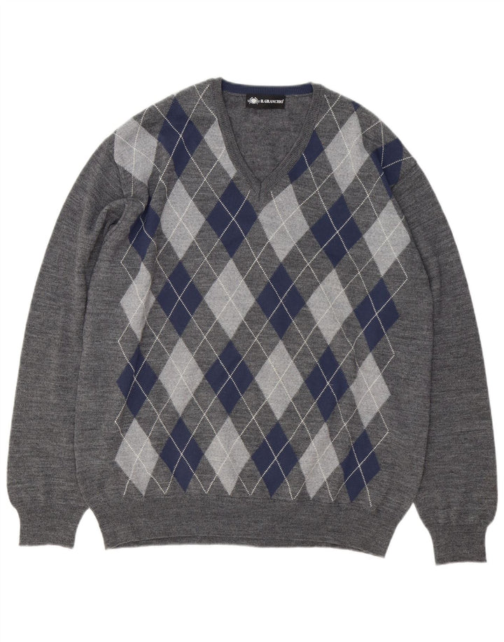 Il Granchio Herre V-hals sweater Stor Grå Argyle/Diamant Wool
