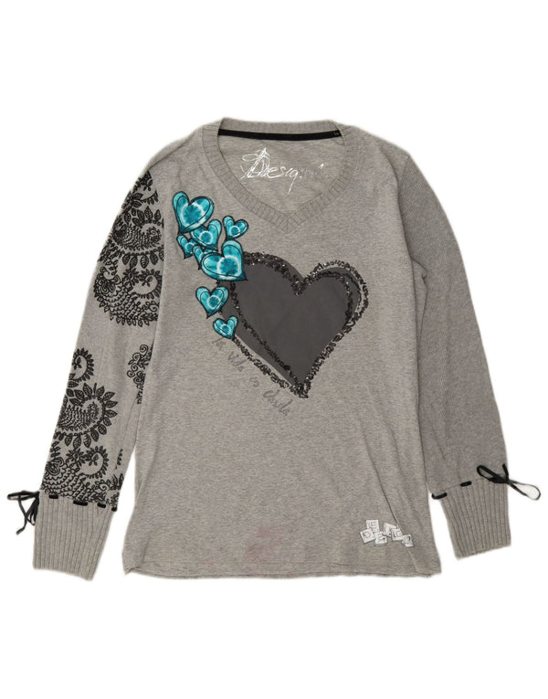 Desigual Dame Grafisk Top Langærmet UK 14 Stor Grå Paisley Bomuld