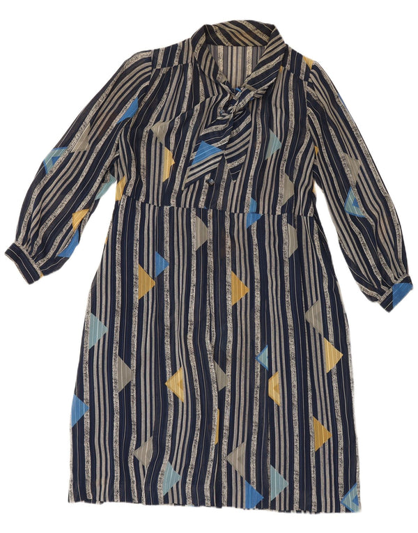 Vintage Dame Langærmet A-Line Kjole UK 14 Stor Marineblå Stribet