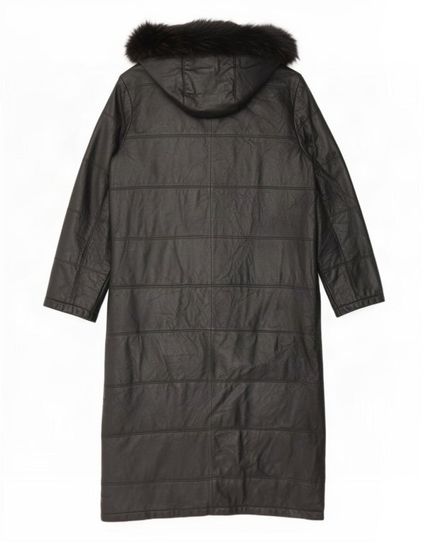 Vintage polstret læderfrakke til kvinder med hætte UK 14 Large Black