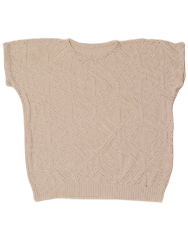Vintage dame sweater med rund hals DK 14 Medium hvid geometrisk