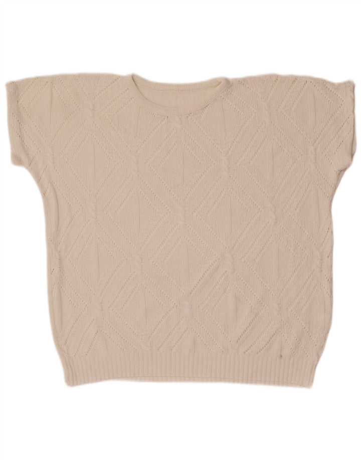 Vintage dame sweater med rund hals DK 14 Medium hvid geometrisk