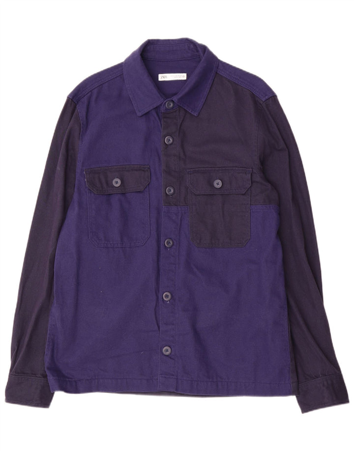 Zara Herre Overshirt Shirt Medium Navy Blue Colourblock Bomuld
