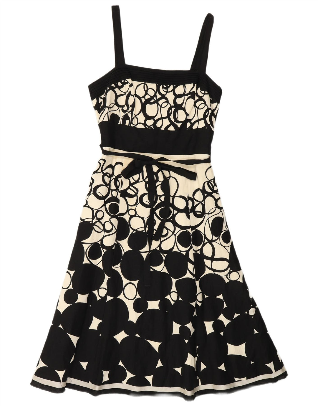 MONSOON Dame Ærmeløs A-Line Kjole UK 10 Lille sort geometrisk linned