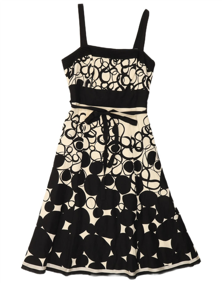 MONSOON Dame Ærmeløs A-Line Kjole UK 10 Lille sort geometrisk linned