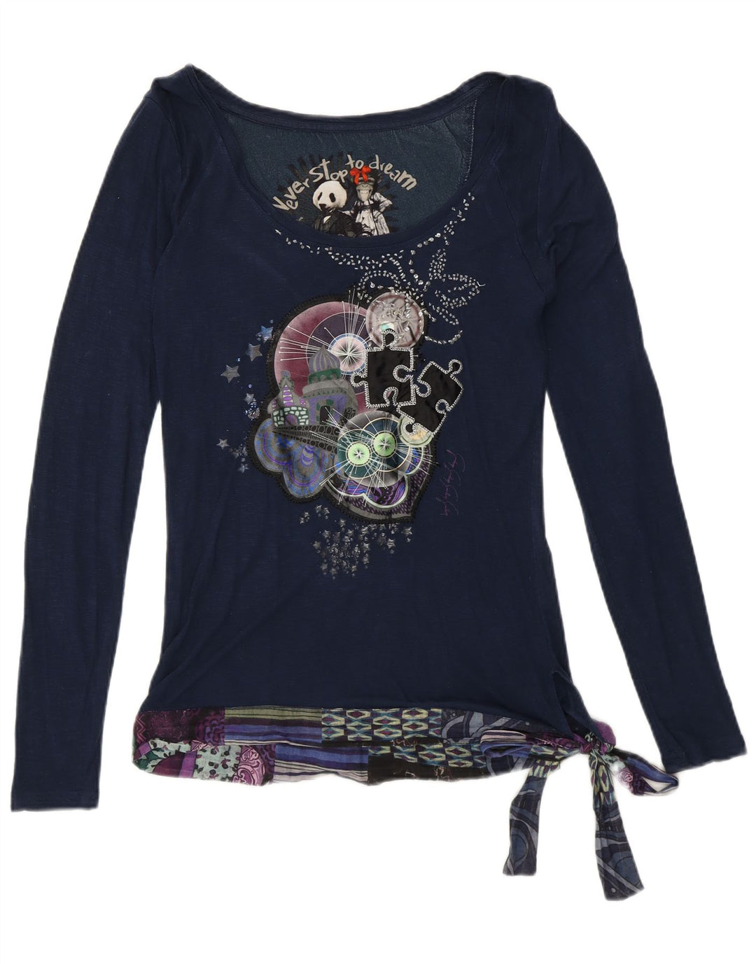 Desigual kvinders abstrakt mønster bluse Top UK 10 Small Navy Blue