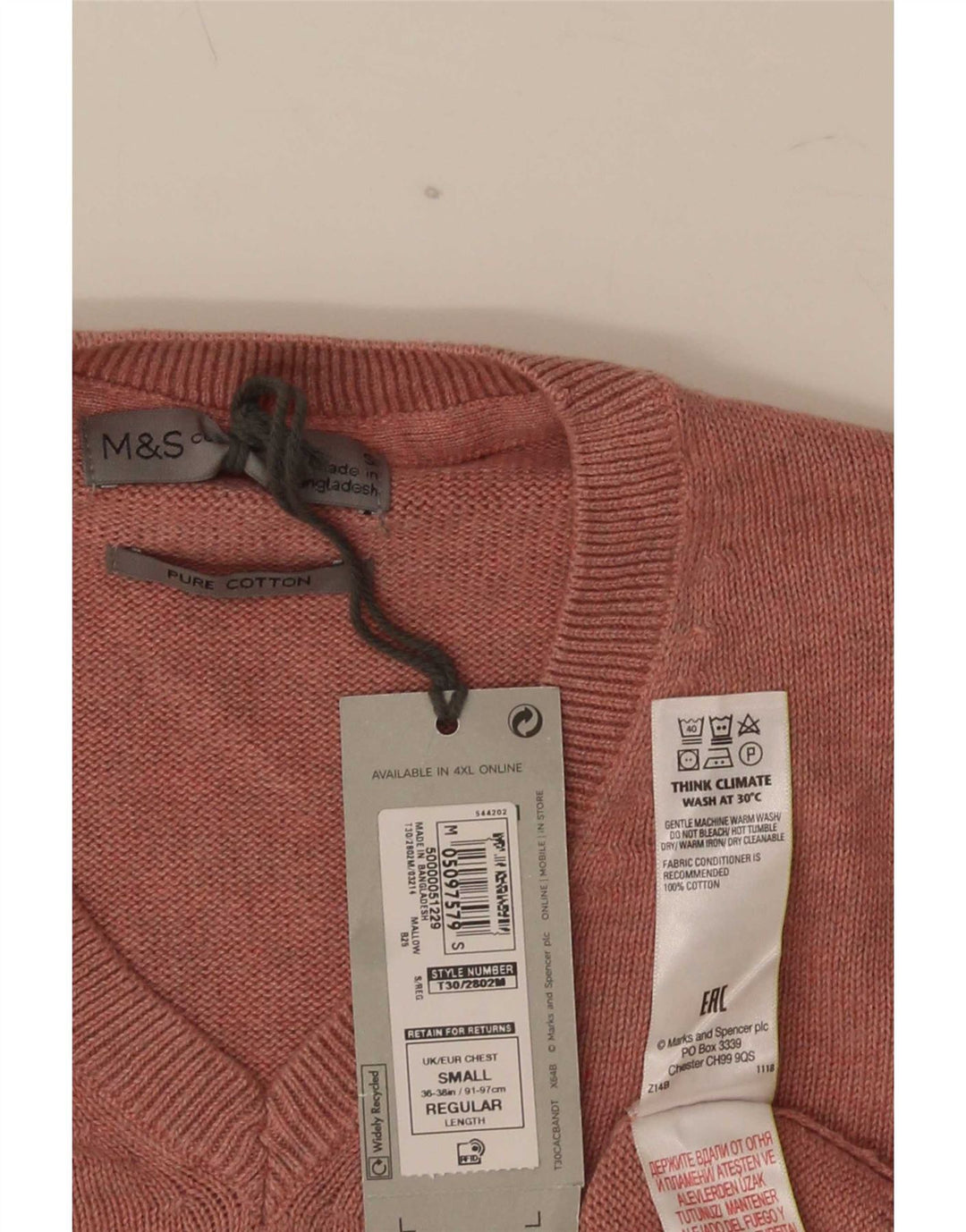 Marks & Spencer Herre V-hals sweater Small Pink Bomuld
