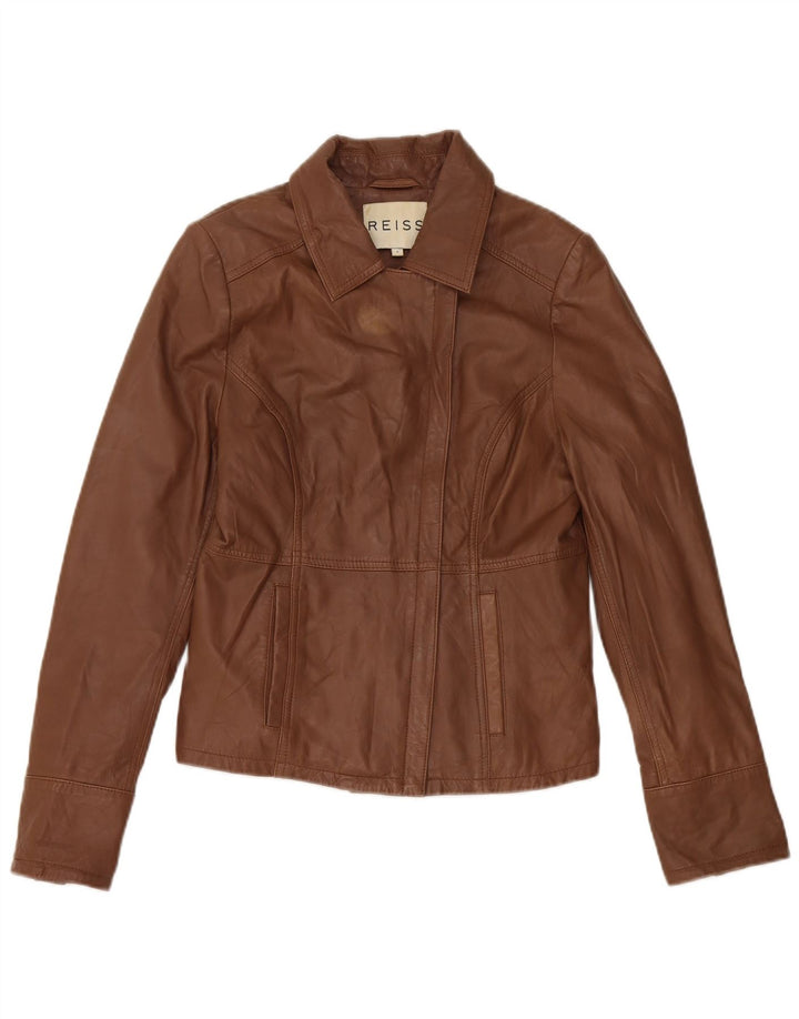 Reiss Womens Crop Læderjakke UK 10 Lille brunt læder