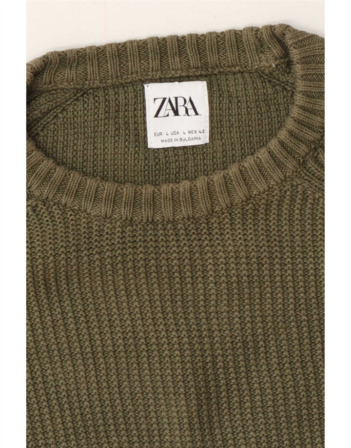 Zara Herre Crew Neck Jumper Sweater Large Khaki