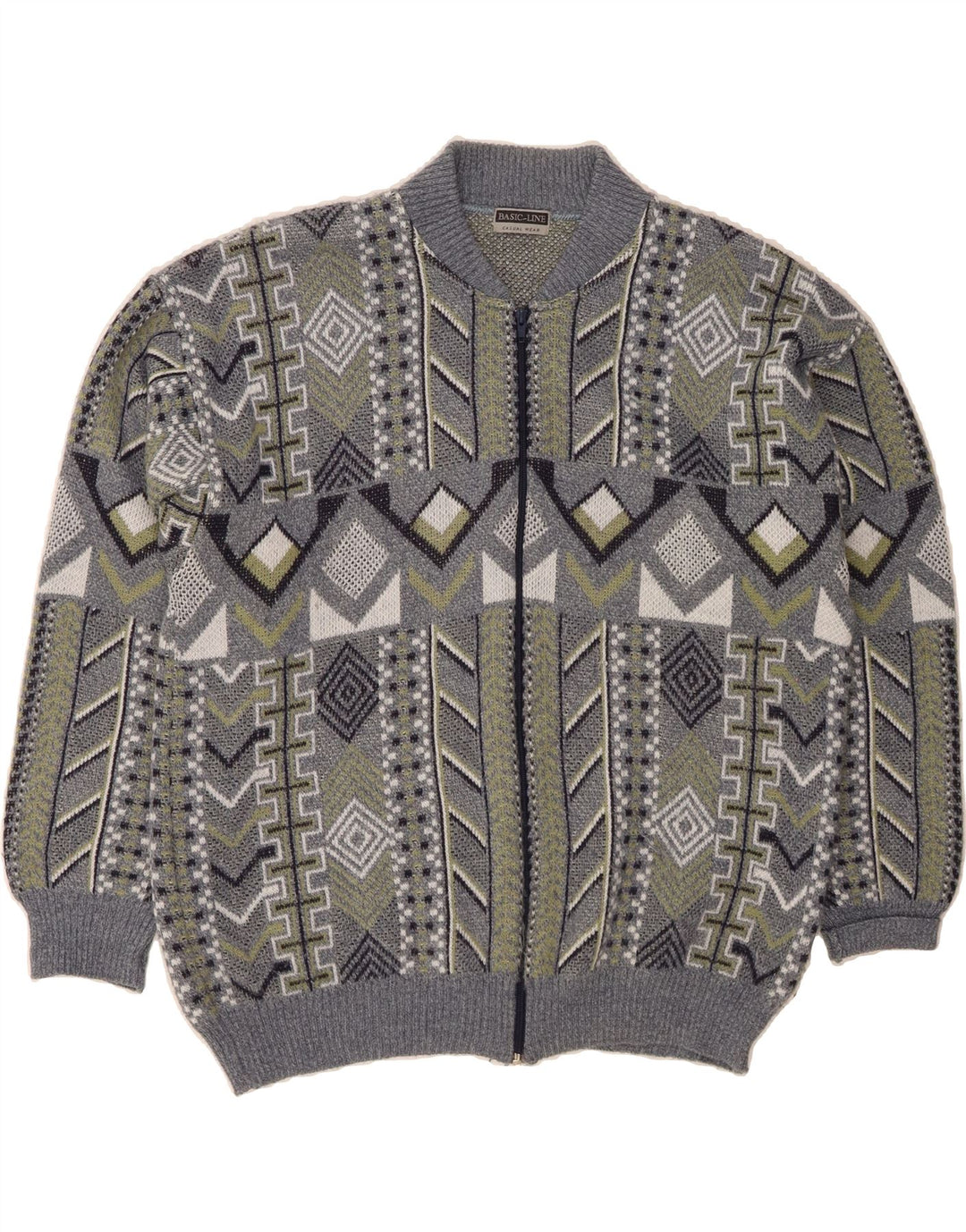 BASICLINE Mens Cardigan Sweater UK 42/44 Large Grey Geometric Polyacrylic Vintage Basicline and Second-Hand Basicline from Messina Hembry 