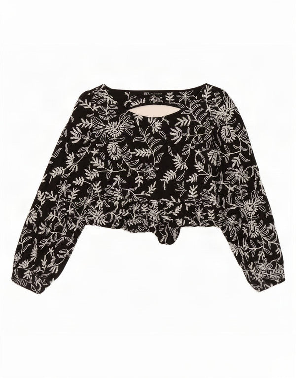 Zara Langærmet Crop Top UK 12 Medium Sort Blomsterbomuld