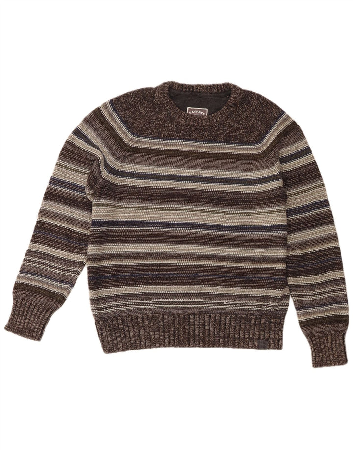 Fedt ansigt herre rund hals sweater mellem grå stribet bomuld