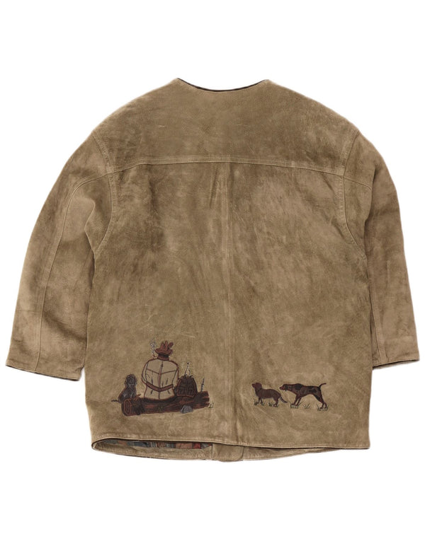Vintage Herre Jagt Grafisk Ruskindsjakke EU 42 Stort Khaki Animal Print