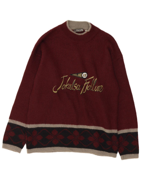 Ciao Herre Grafisk Turtle Neck Jumper Sweater Small Burgundy Fair Isle Wool
