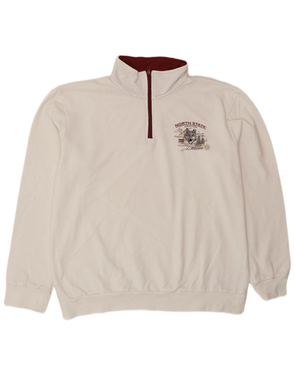 ATLAS FOR MEN Mens Graphic Zip Neck Sweatshirt Jumper Large White Cotton