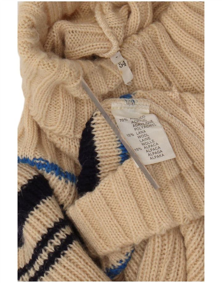 VINTAGE Dame Rullehals Sweater UK 12 Medium Beige Stribet Akryl