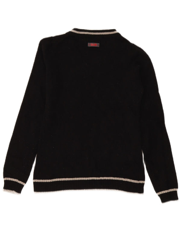 Slam Dame V-hals Jumper Sweater UK 10 Lille Sort Stribet Merino Uld