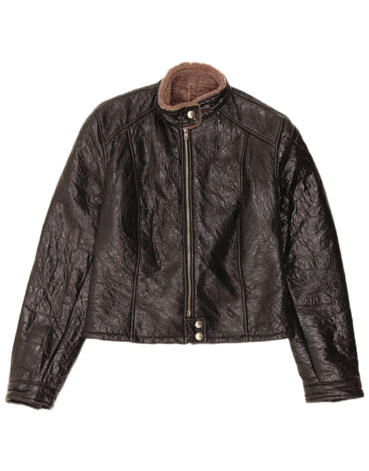 Vintage Dame Shearling Jacket UK 14 Medium Sort Læder
