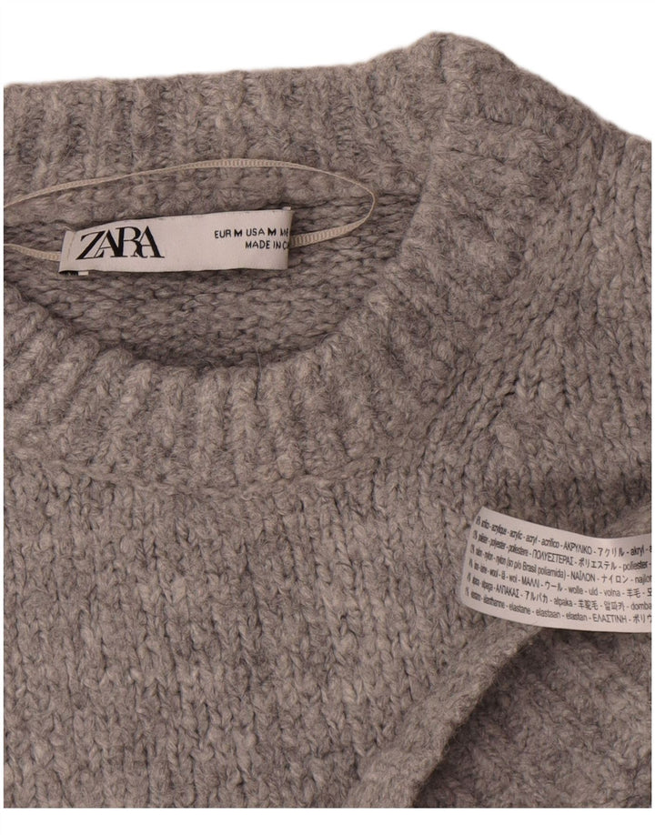 Zara Dame Oversized Crew Neck Jumper Sweater UK 14 Medium Grå Akryl