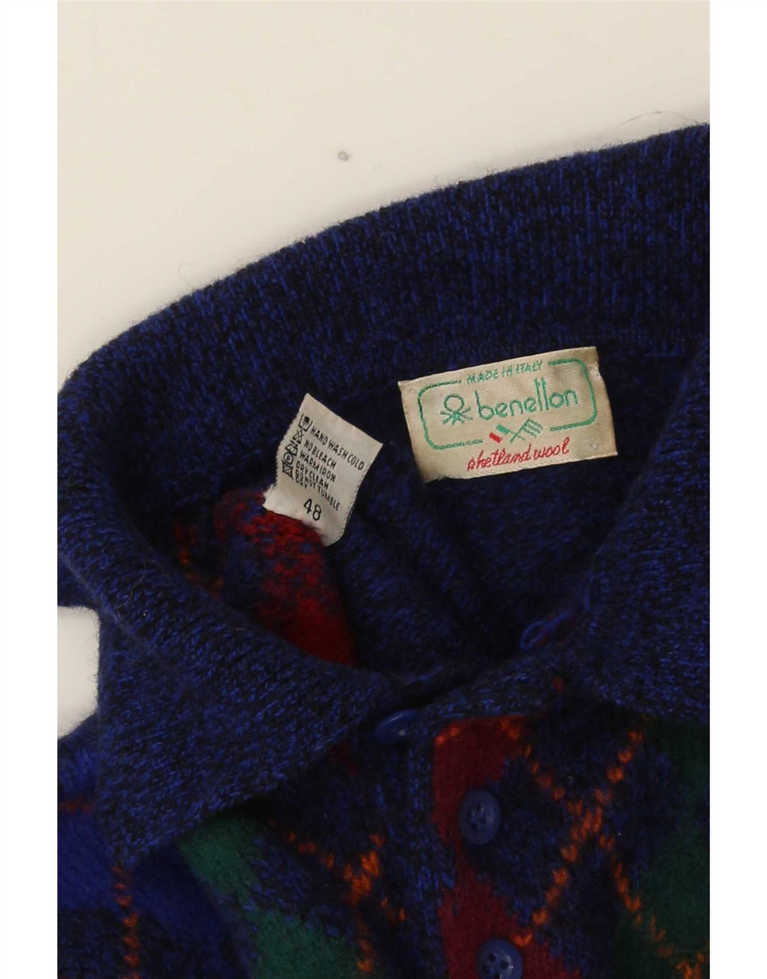 Benetton Herre Polo Neck Jumper Sweater IT 48 Small Blue Argyle/Diamond Wool