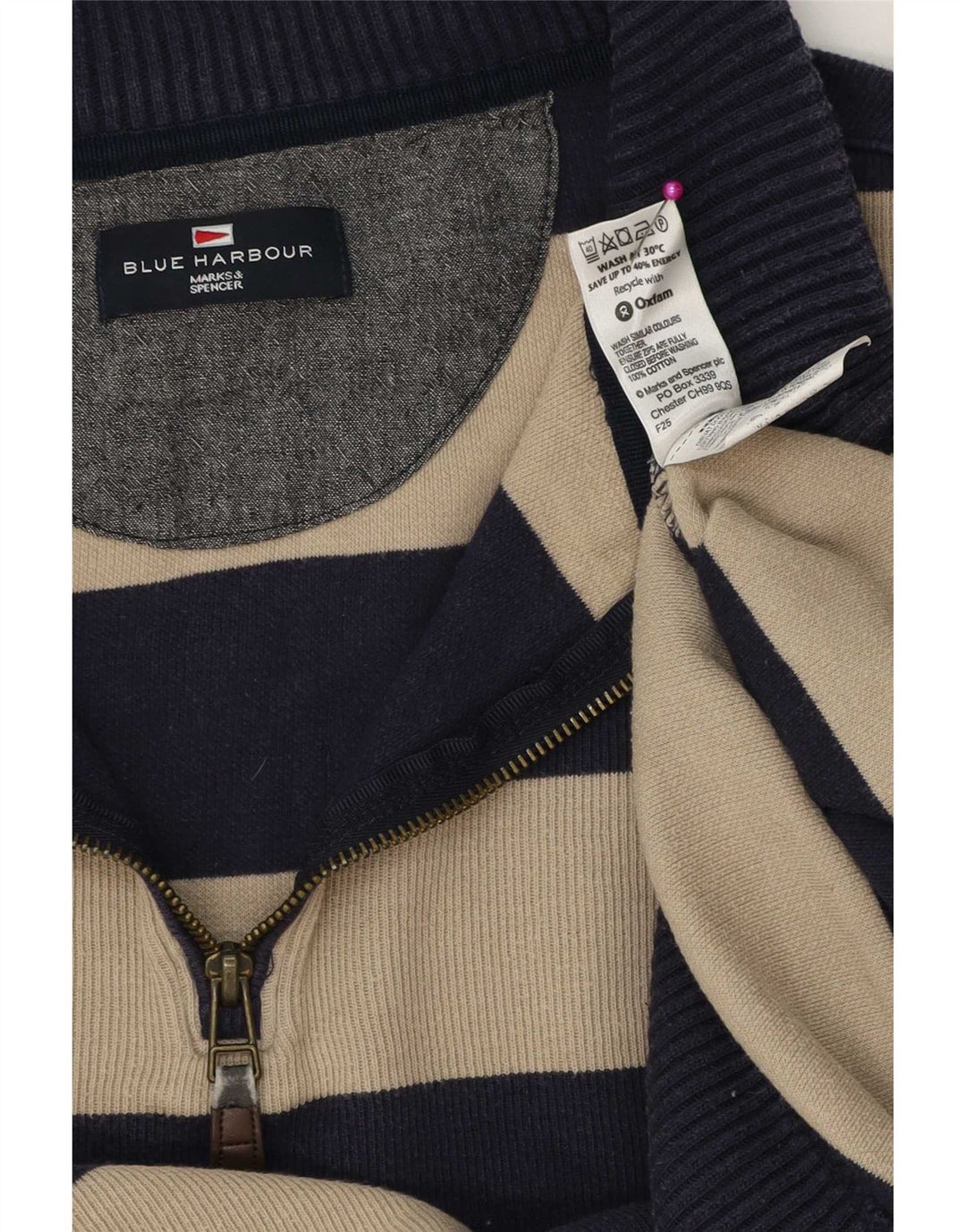 Marks & Spencer Herre sweater med lynlåshals Stor marineblå stribet bomuld
