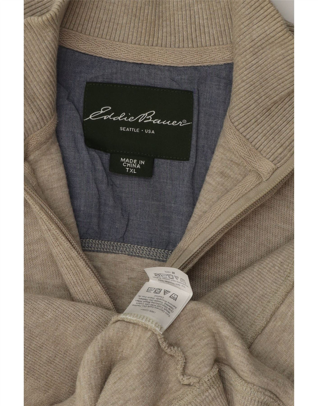 EDDIE BAUER Herre høj lynlås-hals sweater XL Beige bomuld