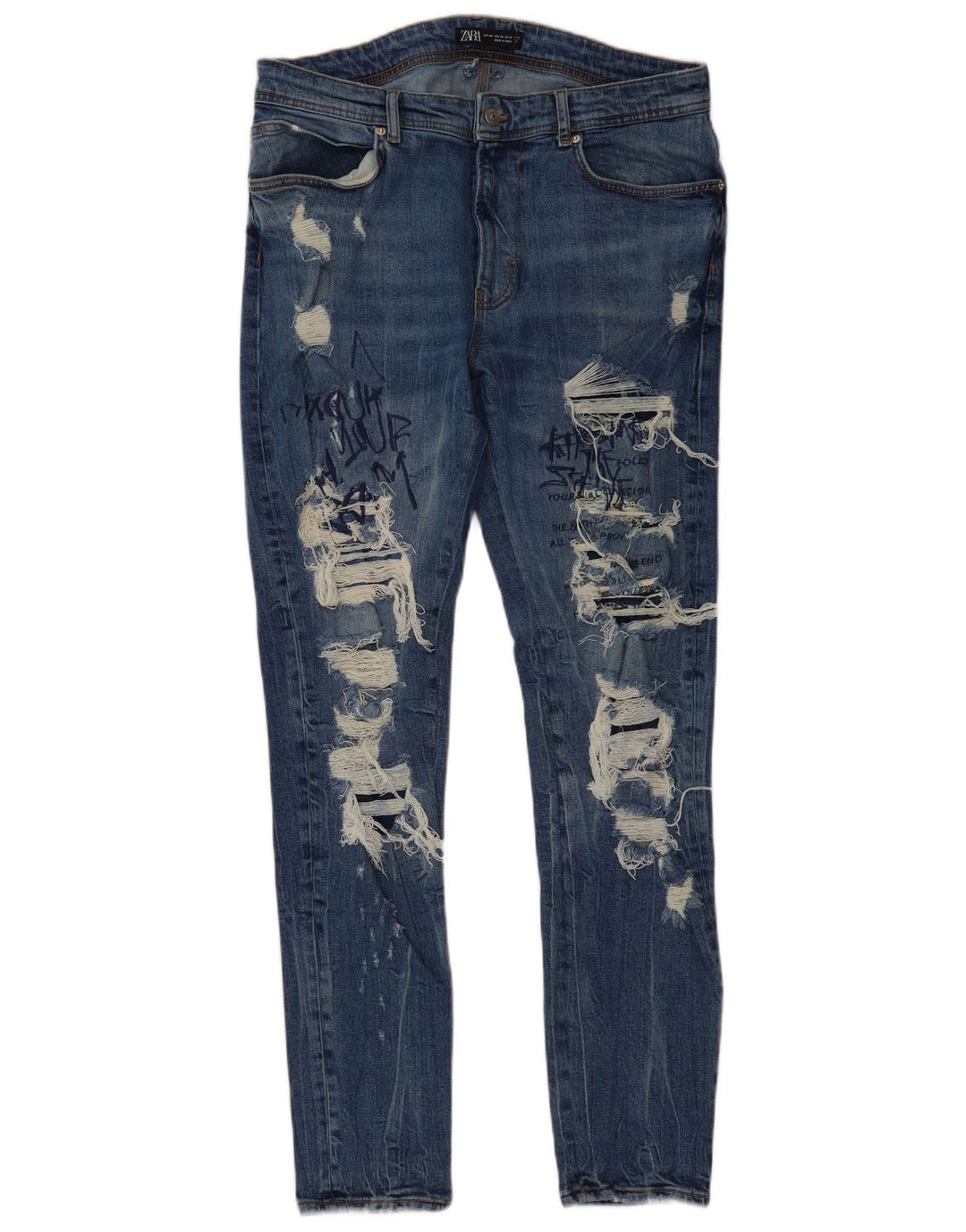 ZARA Herre Grafisk Distressed Slim Jeans EU 44 Large W34 L30 Blå