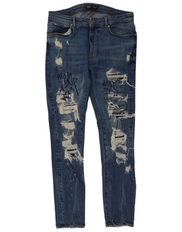 ZARA Herre Grafisk Distressed Slim Jeans EU 44 Large W34 L30 Blå