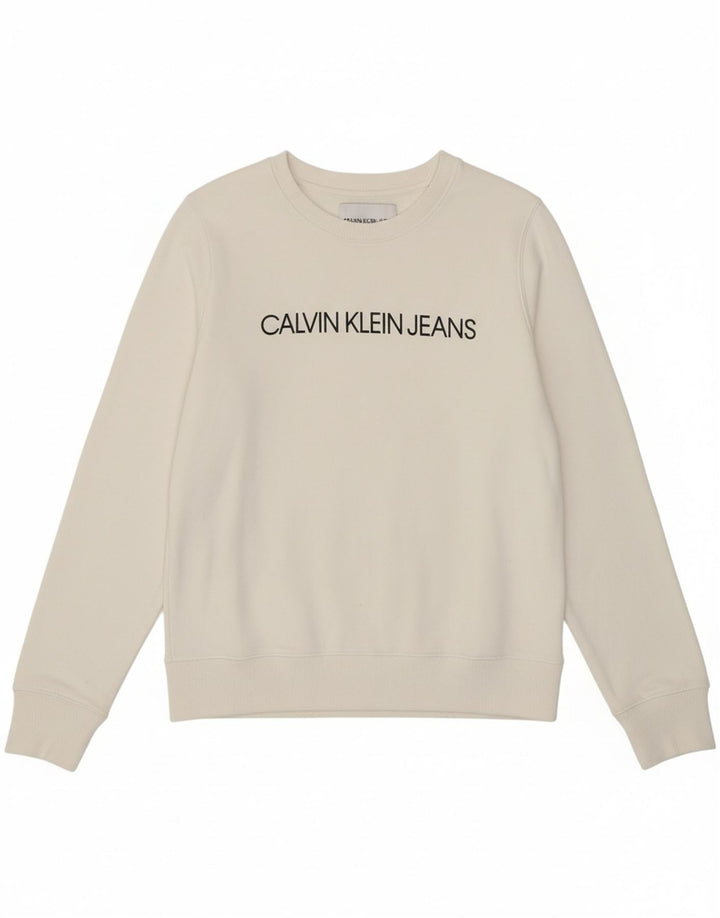 CALVIN KLEIN JEANS Womens Graphic Sweatshirt Jumper UK 10 Small White Vintage Calvin Klein Jeans and Second-Hand Calvin Klein Jeans from Messina Hembry 