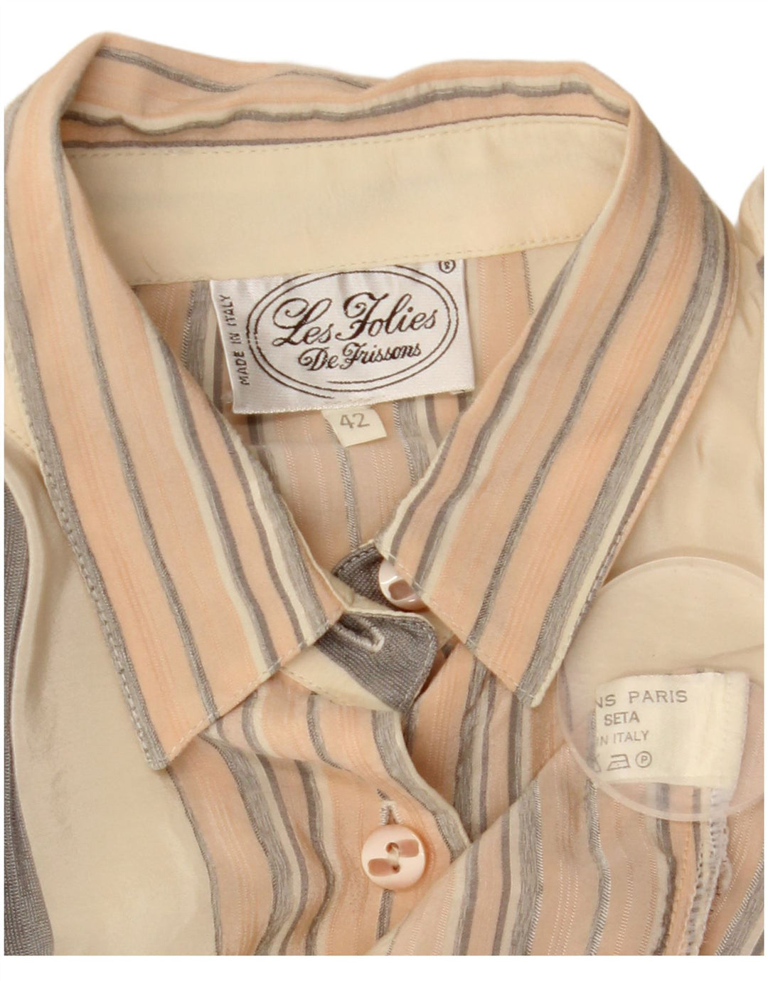 VINTAGE Dame Oversized Skjorte Bluse IT 42 Medium Beige Stribet Silke