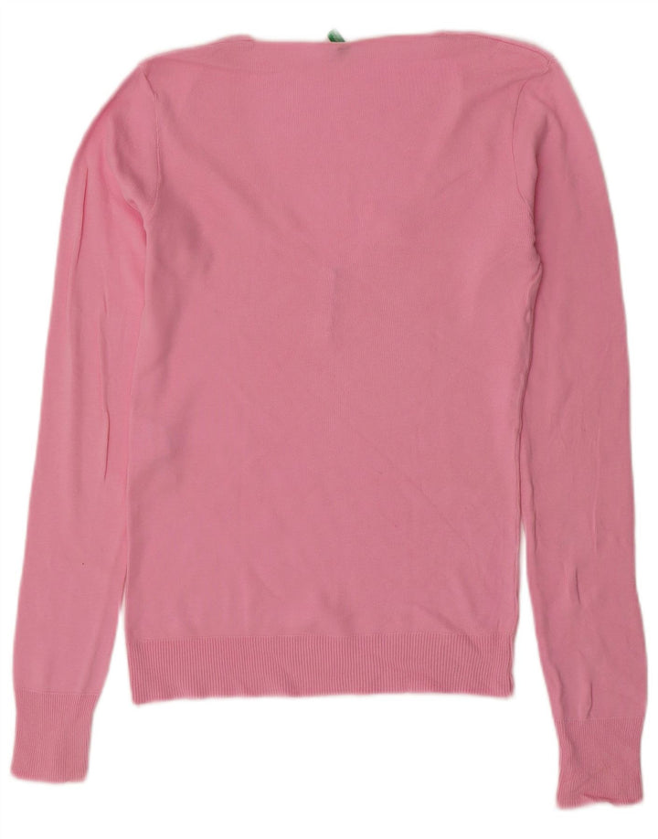 BENETTON Dame V-hals sweater UK 12 Medium Pink Bomuld