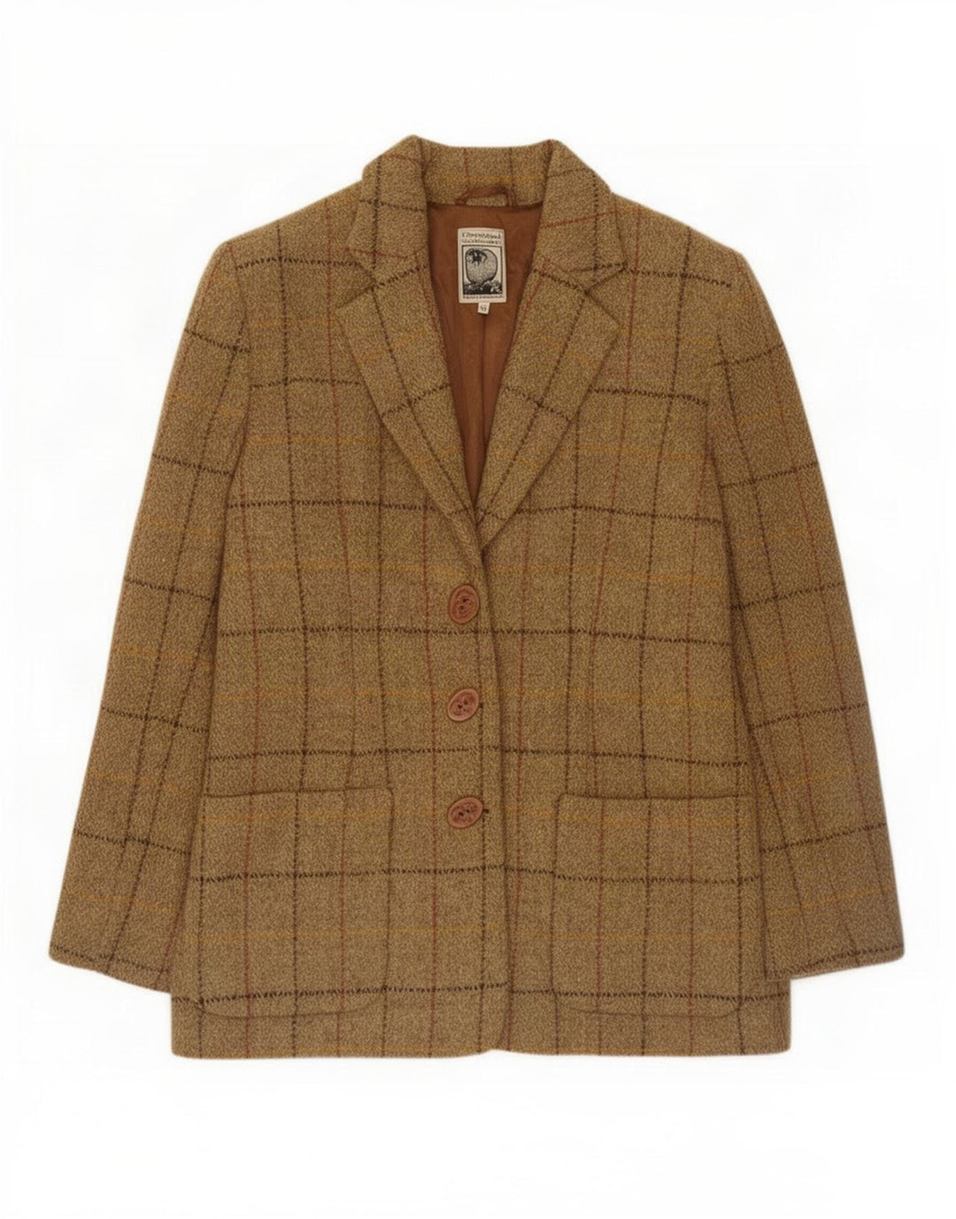 Harris Tweed Dame 3-knaps blazerjakke UK 12 medium brun ternet uld