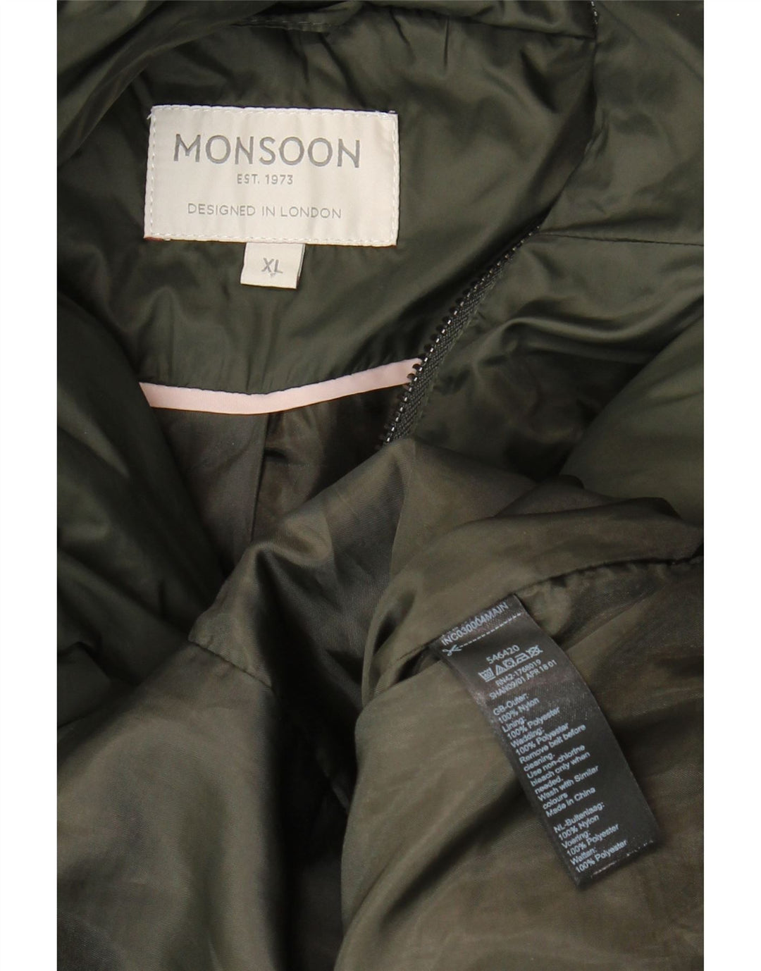 MONSOON Dame hættepolstret jakke UK 18 XL Khaki Nylon