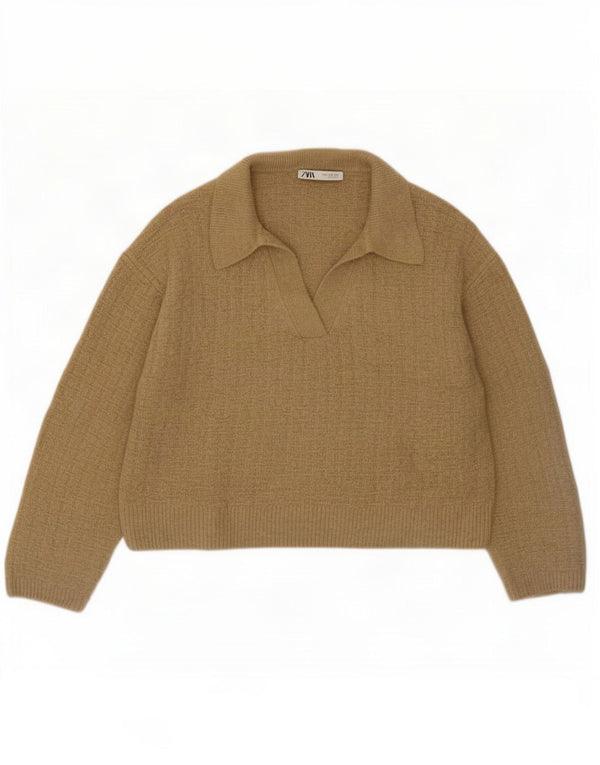 Zara Dame Loose Fit Crop Polo Neck Jumper Sweater UK 14 Medium Khaki