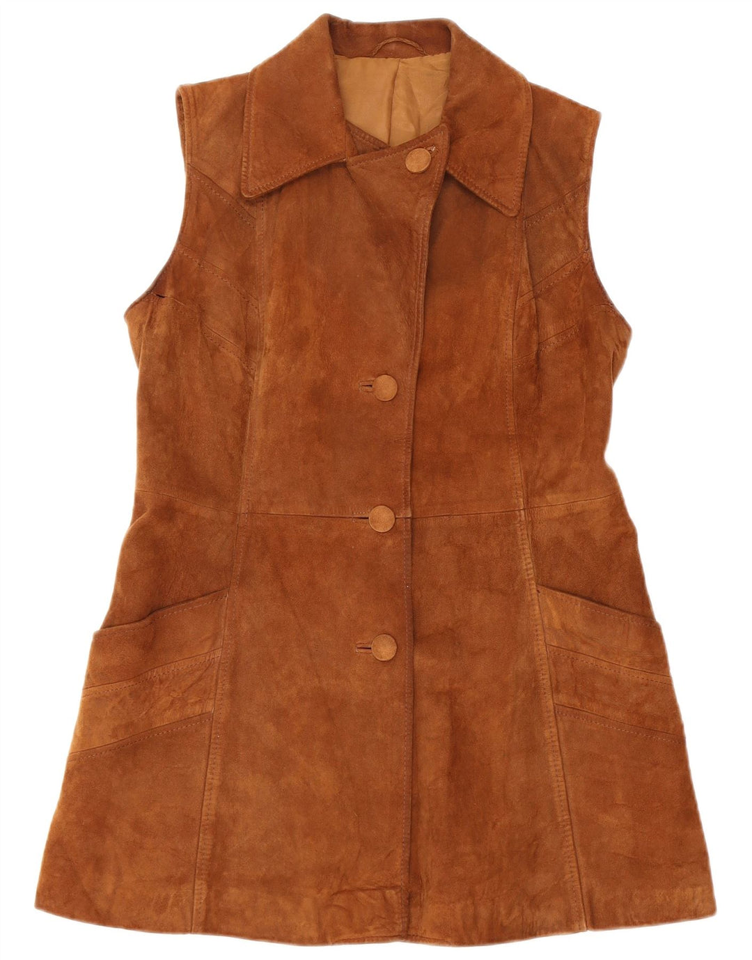 Vintage dame ruskind ærmeløs overfrakke IT 46 stort brunt læder