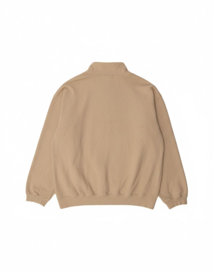 VINTAGE Mens Graphic Zip Neck Sweatshirt Jumper Large Beige Cotton