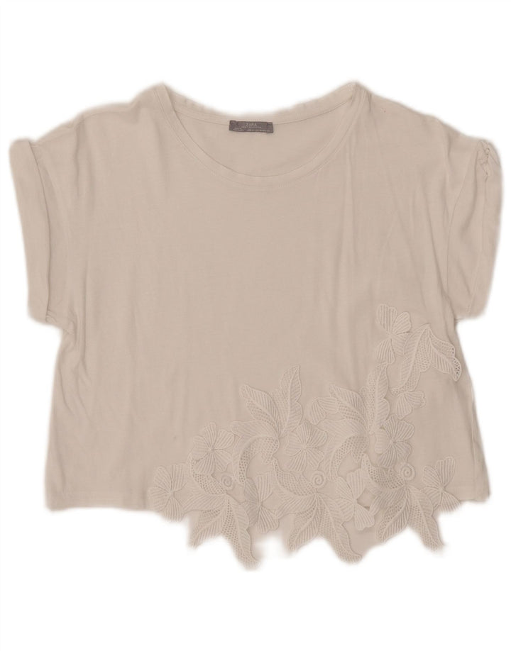Zara Womens Crop Bluse Top UK 12 Medium White Floral
