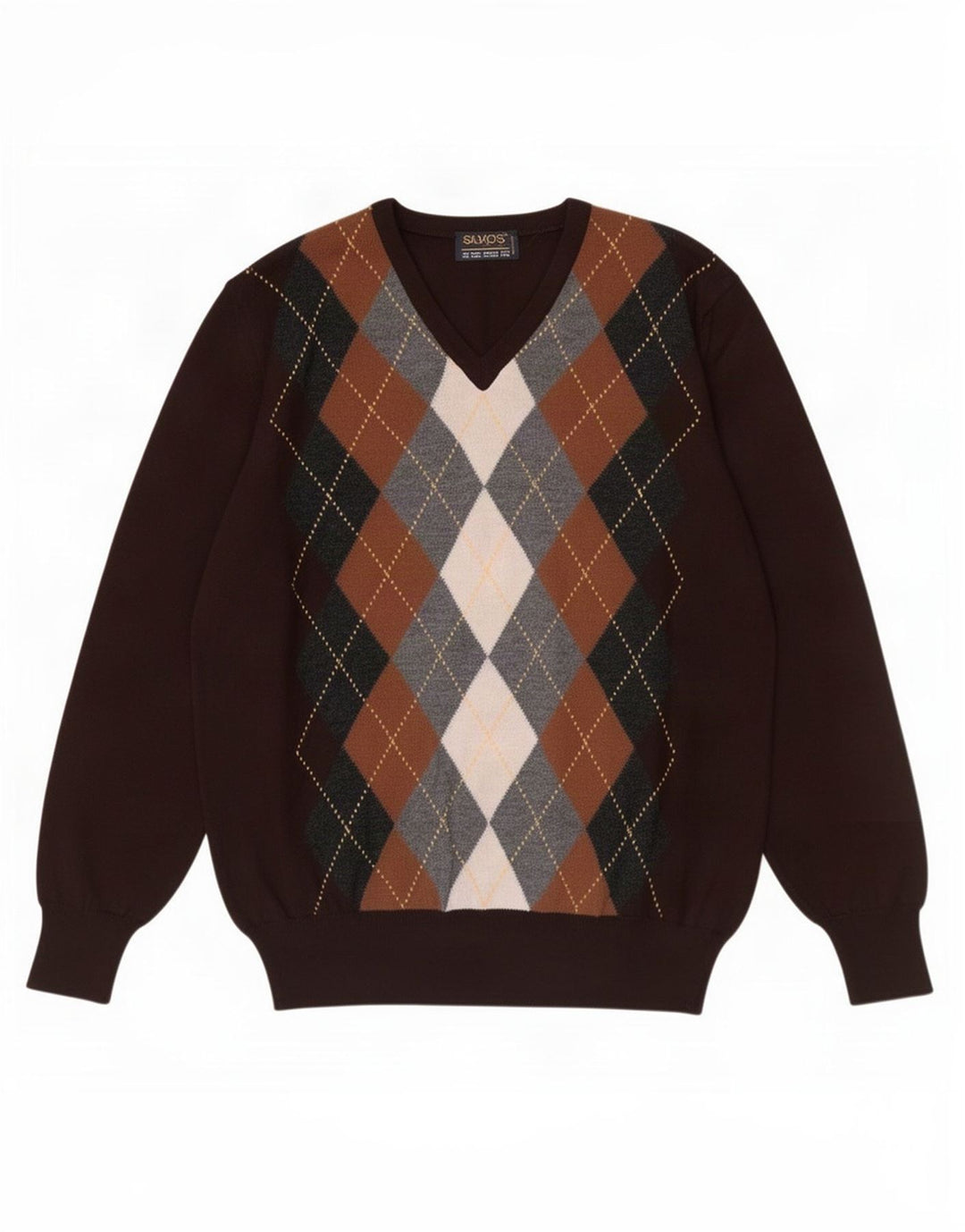 Vintage Herre V-hals sweater IT 48 Medium Brown Argyle/Diamond
