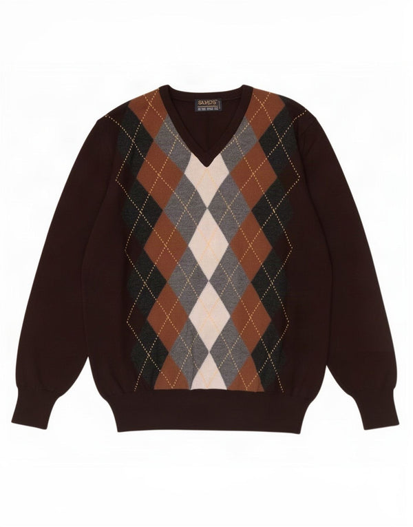 Vintage Herre V-hals sweater IT 48 Medium Brown Argyle/Diamond
