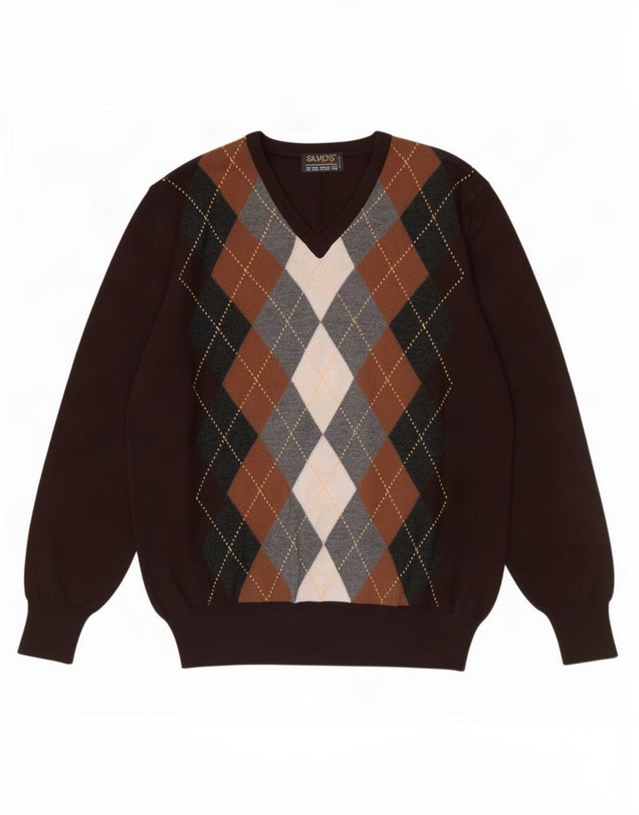 Vintage Herre V-hals sweater IT 48 Medium Brown Argyle/Diamond