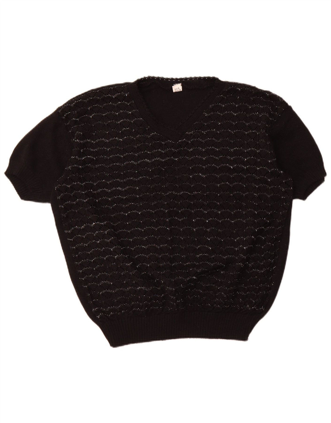 VINTAGE Dame Kortærmet V-hals sweater UK 18 XL Sort Stribet