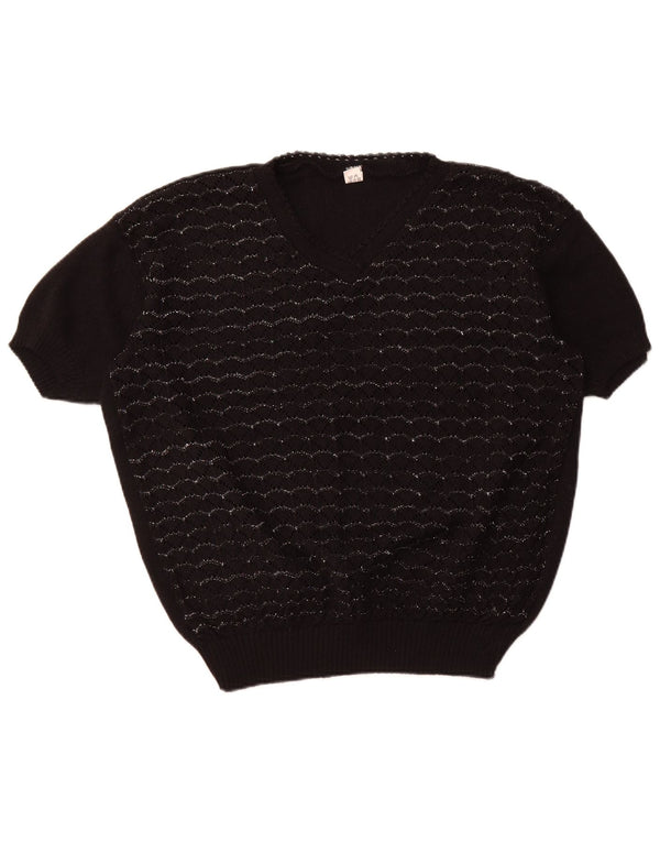 VINTAGE Dame Kortærmet V-hals sweater UK 18 XL Sort Stribet