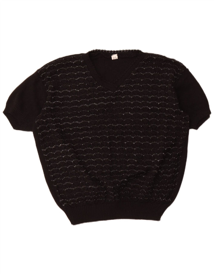 VINTAGE Dame Kortærmet V-hals sweater UK 18 XL Sort Stribet